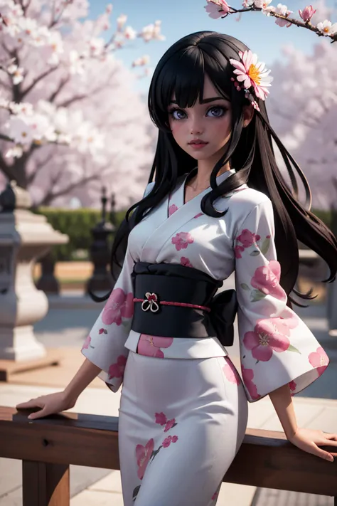 masterpiece, best quality,  1girl,  <lora:balsamique:0.7> balsamique, black hair, long bangs, straight hair,   kimono, floral print, checkered sash, hair ornament,  perfect, photogenic, pretty, 
bird, branch, cherry blossoms,  kamishirasawa keine, kimono, ...