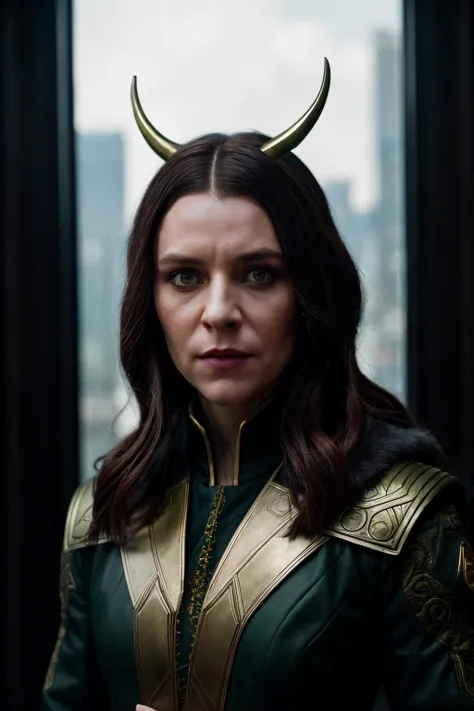 A stunning intricate full color portrait of cde, dressed as female Loki from MCU, epic character composition, by ilya kuvshinov, alessio albi, nina masic, sharp focus, natural lighting, subsurface scattering, f2, 35mm,<lora:ClaireDanes-RealVision-V1.0:1>