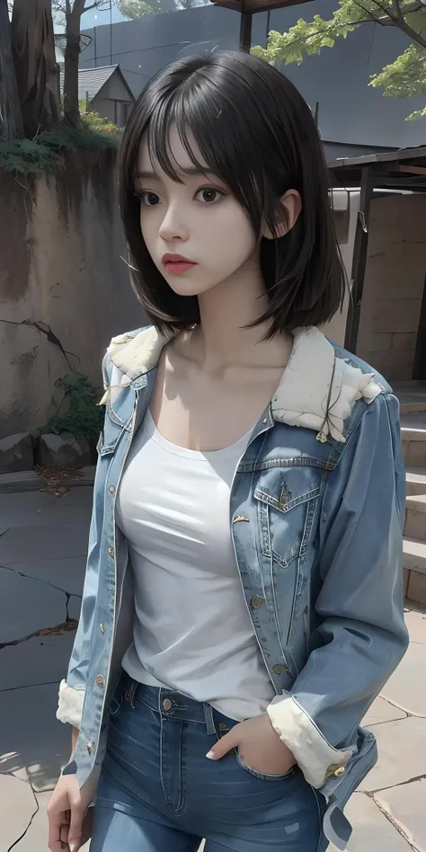 <lora:Liyuu:0.35>, straight bob hair, flat chested, skinny, jeans jacket, shirt, <lora:tashigi-nvwls-v1:0.65>, gaze lens, masterpiece, epic cinematic, soft nature lights, rim light, absurd, amazing, itricate, hyper detailed