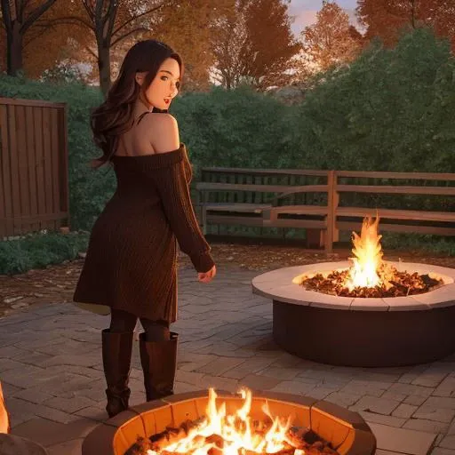 there is a woman standing next to a fire pit in the yard