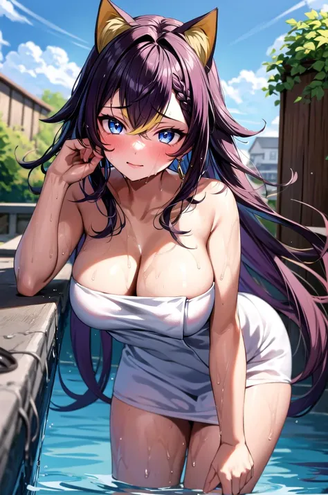 (masterpiece, best quality, detailed), 1girl, solo, DehyaGenshin_NDV, multicolored hair, black-gold hair, streaked hair, large breasts, very long hair, blue eyes, dark-skinned female, earrings, animal ears, looking at viewer,
<lora:naked_towel_v0.1:1>, nak...