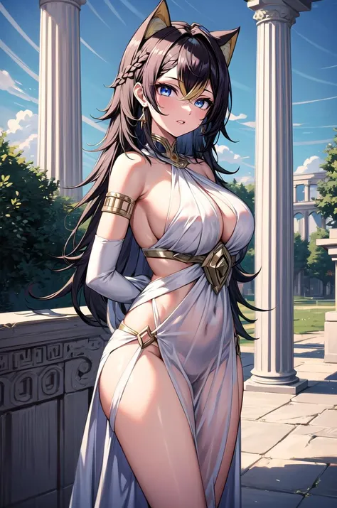 (masterpiece, best quality, detailed), 1girl, solo, DehyaGenshin_NDV, multicolored hair, black-gold hair, streaked hair, large breasts, very long hair, blue eyes, dark-skinned female, earrings, animal ears, looking at viewer,
<lora:GreekClothes:1>, greek c...