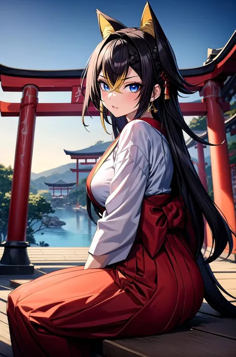 (masterpiece, best quality, detailed), 1girl, solo, DehyaGenshin_NDV, multicolored hair, black-gold hair, streaked hair, large breasts, very long hair, blue eyes, dark-skinned female, earrings, animal ears, looking at viewer, 
(samurai), japanese armor, ku...