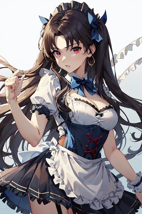 masterpiece, best quality, wallpaper, ultra-detailed,
ishtar, 1girl, solo, <lora:ishtar_fgo_v1_1:1>, looking at viewer, 
(gingham-check suspender-apron:1.3), (solid-blue high-waist skirt:1.3), (apron over skirt:1.2), (white blouse:1.3), (double-breasted,un...