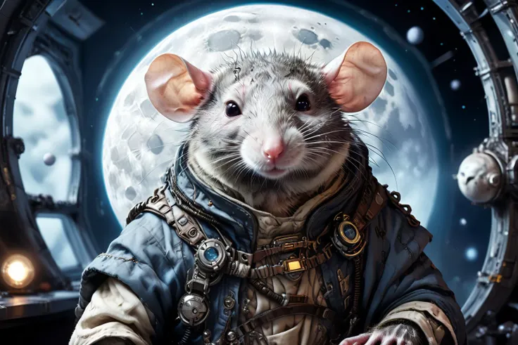 <lora:xl_more_art-full_v1:0.7>, (best quality:1.5), (intricate emotional details:1.5), (ultra detailed), (sharp focus), (sharp details), digital illustration of a <lora:RPGRatFolkXL:0.7> rat folk in a Space station disguised as moon.,  hyperrealism, Cyber ...