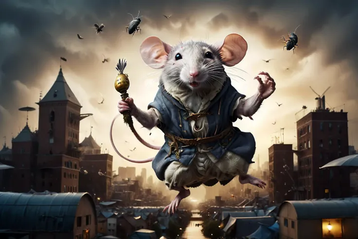 <lora:xl_more_art-full_v1:0.7>, (best quality:1.5), (intricate emotional details:1.5), (ultra detailed), (sharp focus), (sharp details), digital illustration of a <lora:RPGRatFolkXL:0.7> rat folk jumping in a Nomadic city on colossal insects,  hyperrealism...