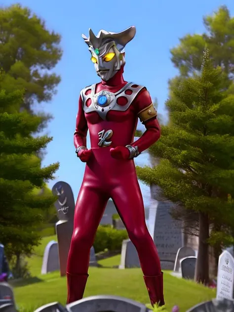 a close up of a person in a red suit standing in a cemetery