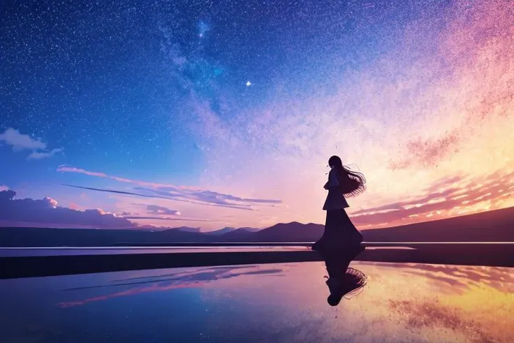 a woman standing on a beach with a sky background