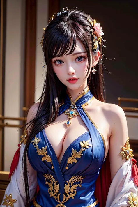 masterpiece, detailed, natural lighting, shade, best quality, detailed illustration,detailed girl, cute,hair accessory, flying, menacing, expensive silk clothing, detailed silk clothing,full dress, see through clothing, royalty,large breasts, 20 years old,