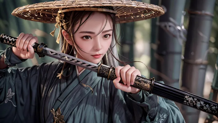 (masterpiece, highest best quality:1.5), 1girl, (smile:1.3), (close up:1.4), (Sword in hand:1.4), (sword set:1.4), (bamboo_hat:1.4), (bamboo forest:1.4),