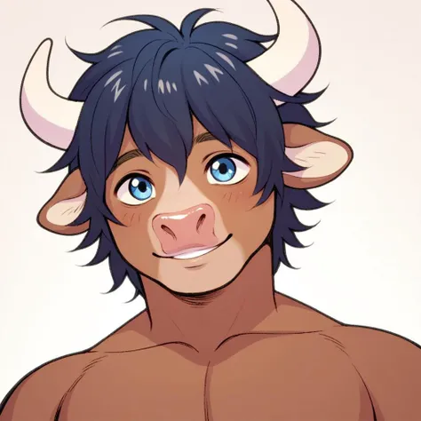 tokifuji_style, score_9, score_8_up, score_7_up, score_6_up, score_5_up, score_4_up, best quality, highly detailed, intricate details, extremely detailed, three quarter view, ((male, anthropomorphic, ((brown fur, bovine) blue eyes) dark hair)), messy hair,...