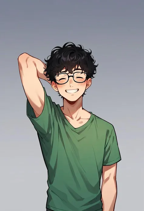 score_9, score_8_up, score_7_up, score_6_up, score_5_up, score_4_up, source_anime, BREAK, solo, 1 male, nerd, thin, cute, black hair, short hair, curly hair, glasses, eyes closed, proud expression, smiling, mouth closed, blushing, high quality, masterpiece...