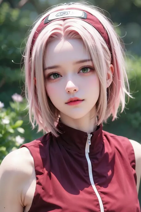 <lora:xiaoyin-6:0.8>,(face lighting:0.8),bright backlight,medium breasts,super high resolution,best quality,Photos,4k,(Realistic:1.2),xiaoyin,1girl,haruno sakura,solo,pink hair,short hair,gloves,green eyes,realistic,looking at viewer,hairband,