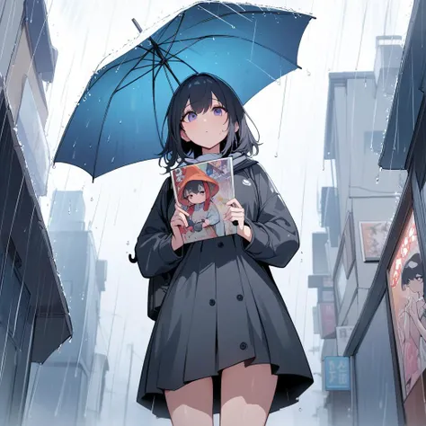 girl, standing, holding a umbrella, rain, lookup the sky,lulu01,manga , masterpiece, best quality