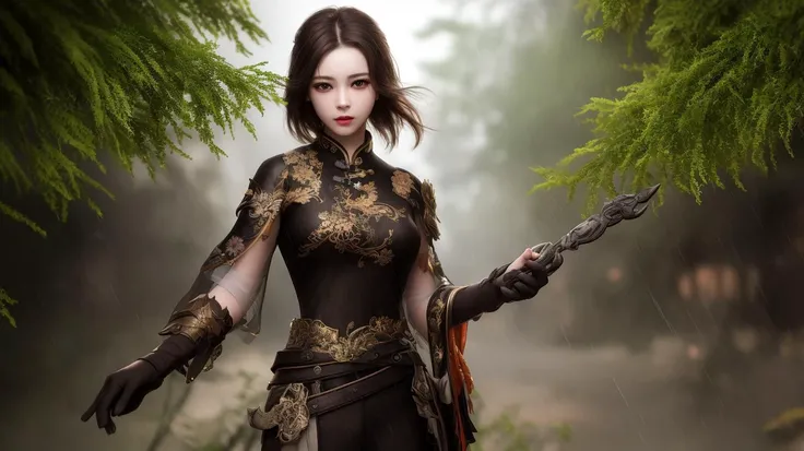 masterpiece,extremely detailed CG unity 8k wallpaper,1girl, beautiful, realistic, blurry, blurry_background, blurry_foreground, brown_hair, depth_of_field,beautiful face, chinese clothes covered with random color armor, gloves, long pants,rainstorm,forest,