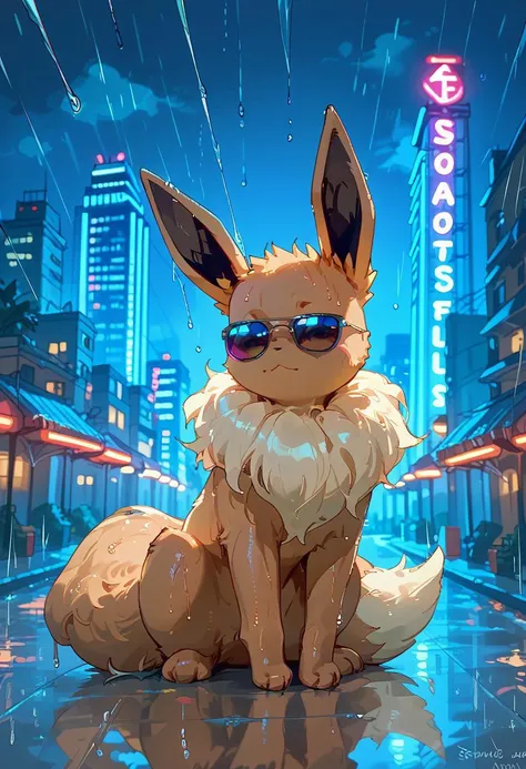 score_9, score_8_up, score_7_up, solo, Eevee, 1 tail, animal, animal focus, sunglasses, cityscape, night, rain, neon lights