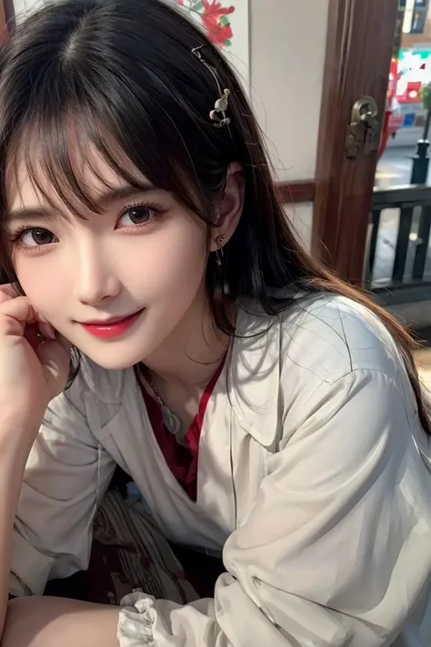 (best quality, masterpiece, 8K, ultra high res, realistic:1.3), (Beautiful and detailed face:1.2), (close up:1.2), 1girl, solo, smile, looking at viewer, (slim body:1.2), (chinese clothing:1.2), earrings, hairpin, necklace, architecture, east asian, rivers...