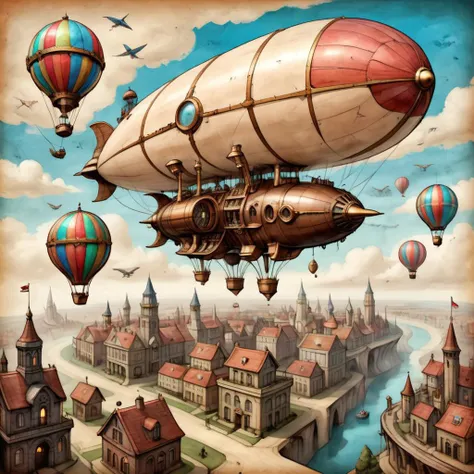 Jules Verne inspired flying sky city, masters of the air, Robur the conqueror, steampunk, giant airship, balloon, aerostat, on parchment, triadic colours