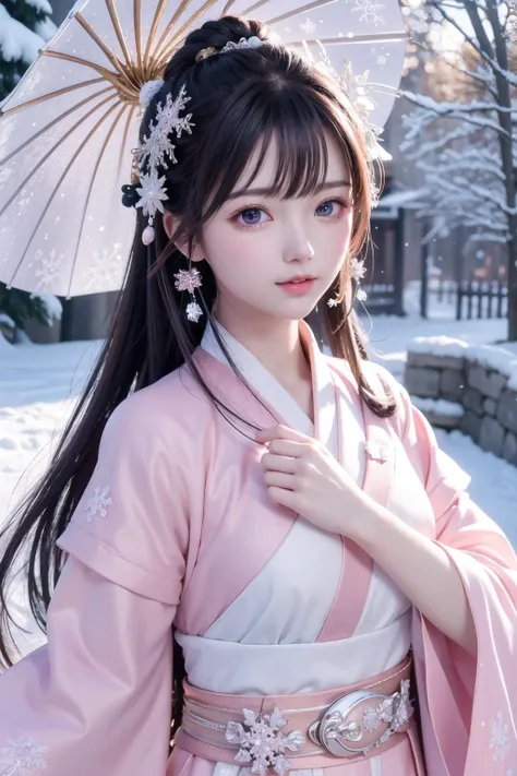 masterpiece,best quality,official art,extremely detailed CG unity 8k wallpaper,sunlight, shiny, pov,
detailed face, 1girl, cute,solo,looking at viewer,pink hanfu,face close up,
village, ((snowing, snowflakes)), standing,