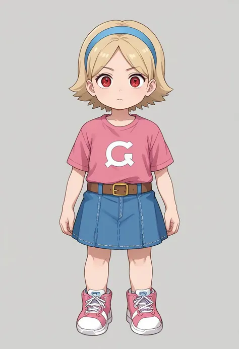 score_8, score_8_up, score_7_up, BREAK female focus, 1girl, solo, dorinha, short hair, shirt, skirt, short sleeves, hairband, shoes, belt, blue skirt, denim, sneakers, pink shirt, pink footwear, brown belt, blue hairband, denim skirt, standing, animedoujut...