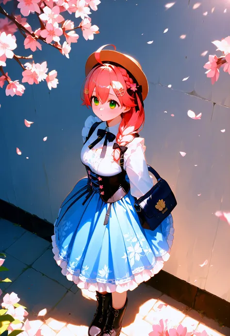 sakura miko, sakura miko (street), green eyes, pink hair, hat, long hair, ahoge, cherry blossoms, blue skirt, hairclip, long sleeves, white shirt, black footwear, blush, bag, frilled skirt, ribbon, hair between eyes, braid, corset, brown headwear, lace-up ...