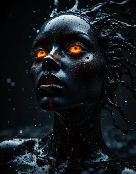 alien-themed glitter and luxury, water, drops, hyperdetailing, reflection The image features an abstract and futuristic face, reminiscent of a human face, but done in a style that makes it look like liquid metal or black paint. The face has distinct featur...