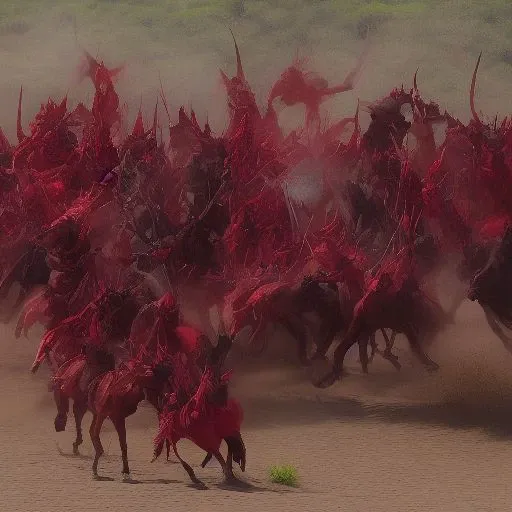 horses are running in a line with red cloth covering their heads