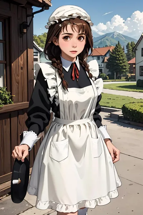 (masterpiece, best quality), 1girl,   <lora:maidane-nvwls-v1:1> maidane, twin braids,| hat, maid uniform, black dress, apron, long sleeves