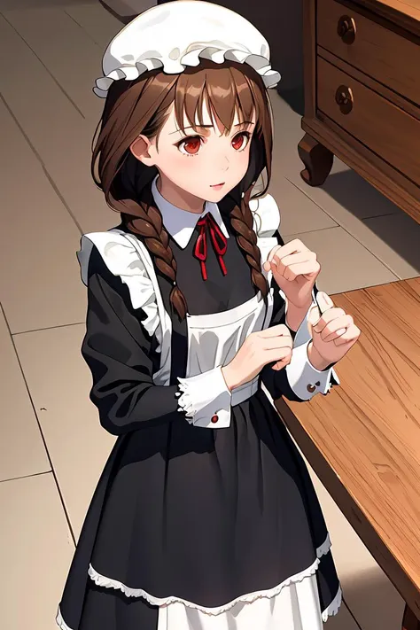 anime girl in maid outfit holding a microphone and standing in front of a table