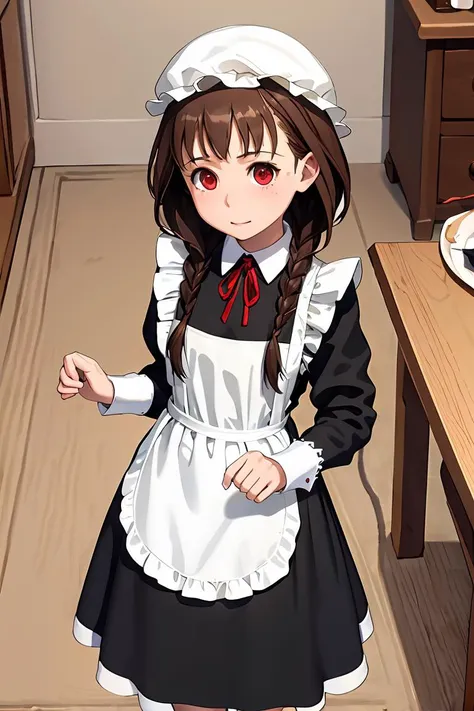 anime girl in maid outfit standing in a kitchen with a plate of food