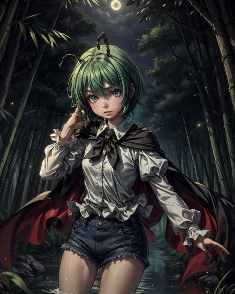 <lora:nightbug:1>,wriggle nightbug, 1girl,antennae, green hair,short hair,cape,green eyes,white shirt,puffy sleeves,long sleeves, denim shorts,outdoors, night, bamboo forest, moonlight, light particles, <lora:add_detail:1>, masterpiece, best quality,