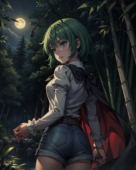 <lora:nightbug:1>,wriggle nightbug, 1girl,antennae, green hair,short hair,cape,green eyes,white shirt,puffy sleeves,long sleeves, hands behind back, denim shorts,outdoors, night, bamboo forest, moonlight, light particles, <lora:add_detail:0.25>, masterpiec...