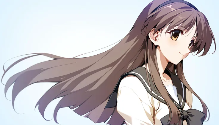 anime girl with long brown hair and white shirt with black vest