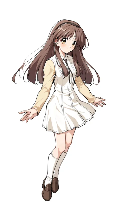 anime girl in white dress with long hair and brown shoes