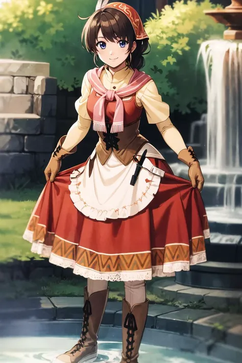 masterpiece,best quality,highres,<lora:yunica-nvwls-v1:0.8>,yunica,braided ponytail,bandana,feather hair ornament,pink scarf,red dress,corset,apron,gloves,boots,animification,single_braid,solo,looking at viewer,fountain,hagiya masakage,light smile,