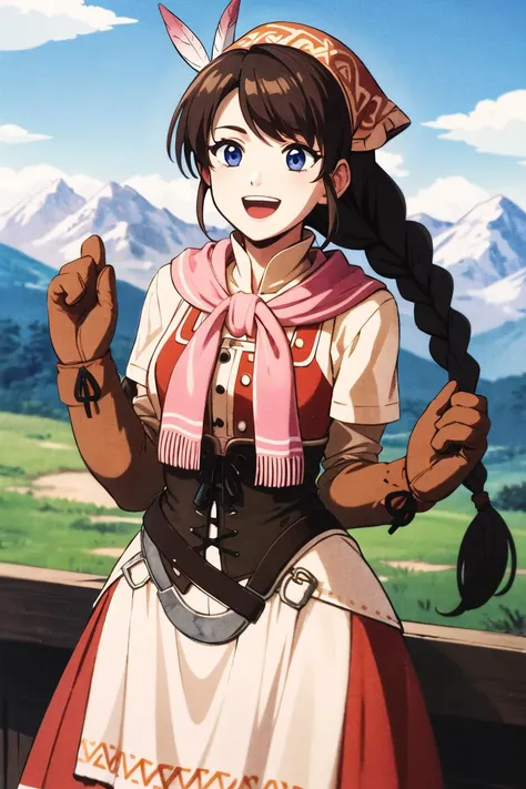 masterpiece,best quality,highres,<lora:yunica-nvwls-v1:0.8>,yunica,braided ponytail,bandana,feather hair ornament,pink scarf,red dress,corset,apron,gloves,boots,animification,cowboy shot,outdoors,mountain,smile,open mouth,