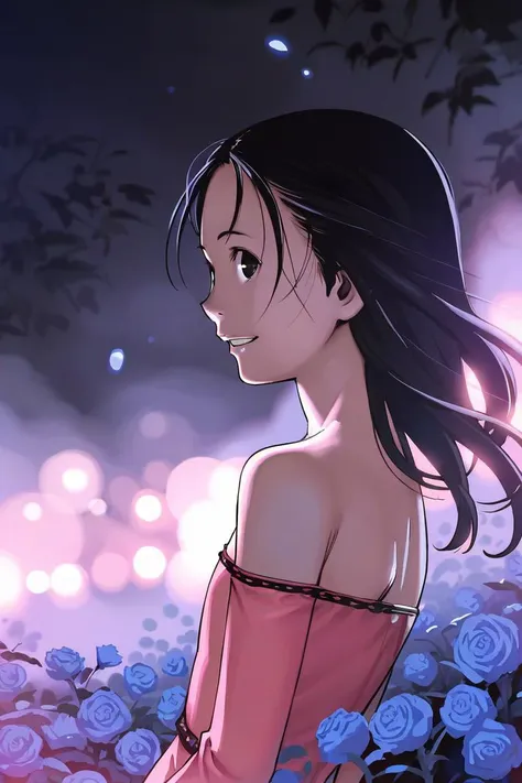 anime girl in pink dress standing in a field of blue roses