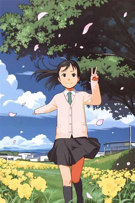 anime girl in a school uniform standing in a field of flowers