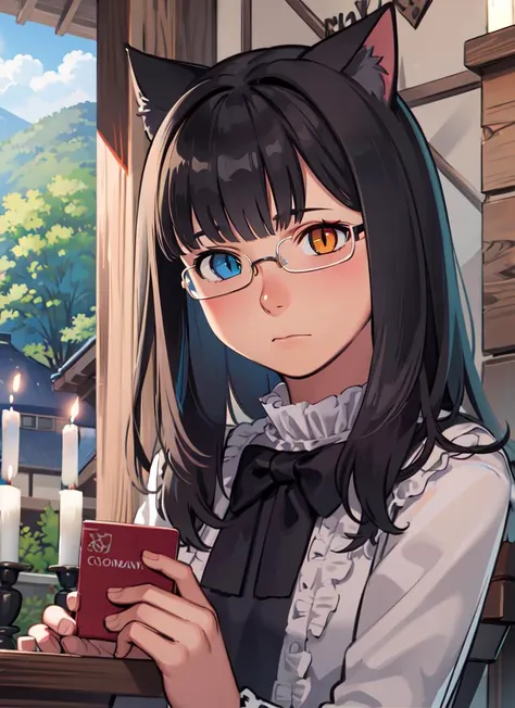 anime girl with cat ears holding a book in front of a window