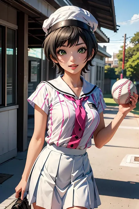 (masterpiece, best quality), 1girl,  <lora:0849Hkawakita:1> kawakita, white baseball_uniform, pink vertical-striped, pleated skirt, sailor_collar