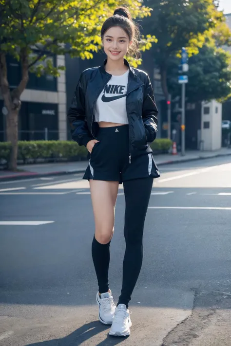 a woman in a black jacket and shorts standing on the street