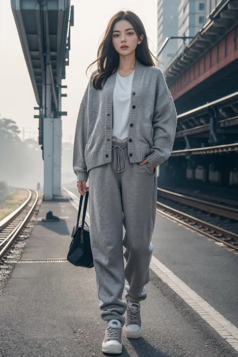 a woman standing on a train platform in a gray suit