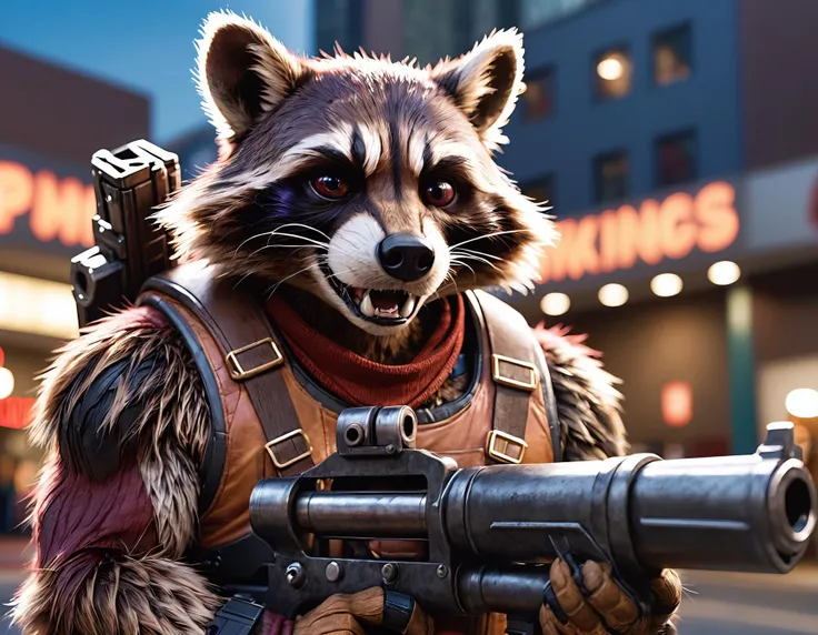 face portrait from an anthro male rocket raccoon wearing holding a giant gun , fangs, realistic fur,RAW candid cinema, 16mm, color graded portra 400 film, remarkable color, ultra realistic, textured skin, remarkable detailed pupil shot with cinematic camer...