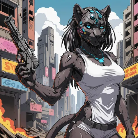 anime artwork, cyberpunk anthro panther ,female, detailed full body black fur, a destroyed city holding a gun, line art, comic, white tank top, Retro style artwork, comic book art, high details, comic book cover, symmetrical, vibrant colors