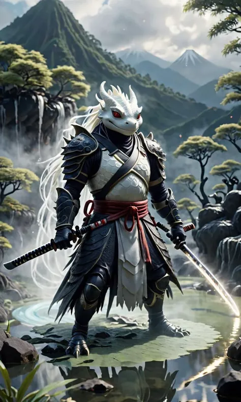 A ninja toad wearing kabuki makeup and costumes and using magic to summon water spirits. with a long katana, fog and swirling pond
Break, Sulfur hot springs in beautiful nature in the background. Ancient White Serpent spirits
Break, full shot, cinematic li...