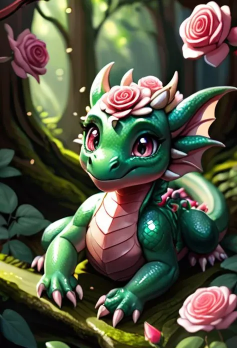 adorable, dragon, rose dragon, flowers on back, flower hair, leaf scales, jade colored eyes, oil painting, cuteness overload, deep woods, ray-traced lighting, god rays, 4k, 8k,