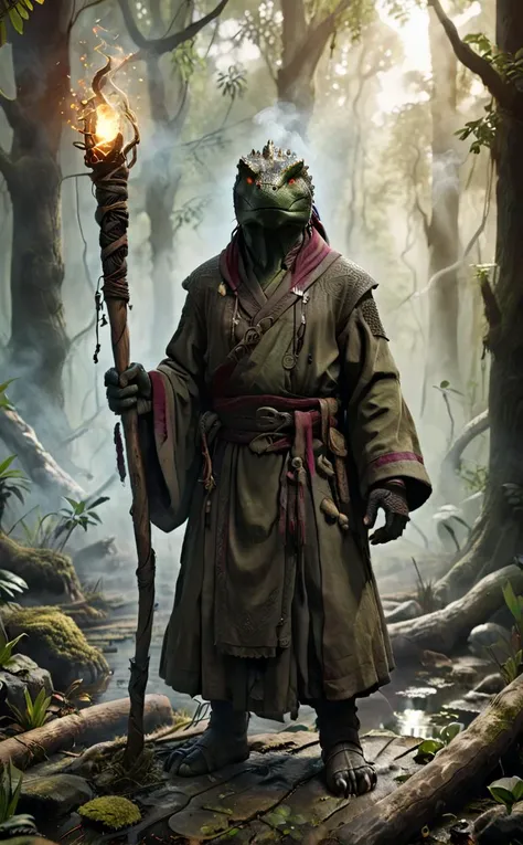 1 Lizard Man, worn for a long time Komodo dragon, a monk wearing a wool Religious habit, leaning on a wooden stick in one hand
Break, The background is a huge swamp with a mixture of different colors of smoke swirling around and softly glowing runes engrav...