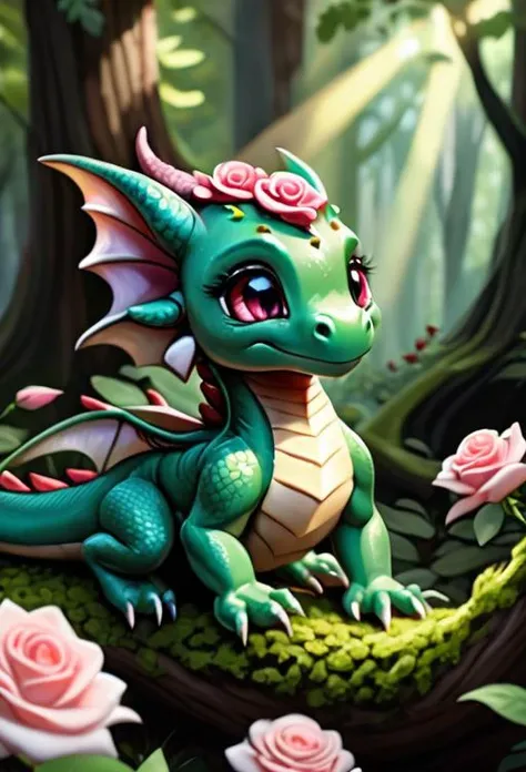 adorable, dragon, rose dragon, flowers on back, flower hair, leaf scales, jade colored eyes, oil painting, cuteness overload, deep woods, ray-traced lighting, god rays, 4k, 8k,