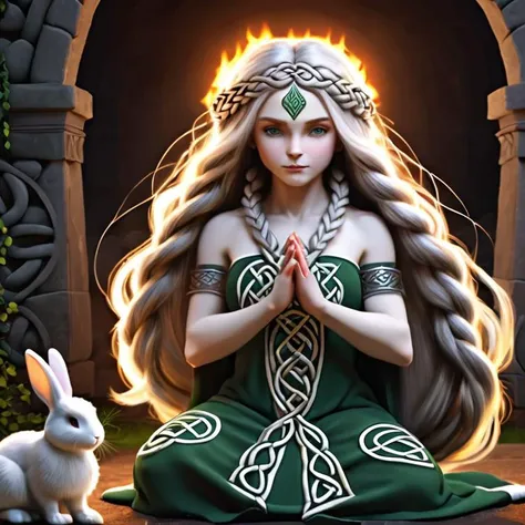 Celtic priestess, furry rabbit, 1girl, goddess, triple goddess, beautiful woman, pure maiden, wise crone,
very long hair, braided hair, Celtic knot work, raid hair,  Celtic braids, dramatic lighting, 
4k, 8k, hires, absurdres, cuteness overload:1.1
fire, f...