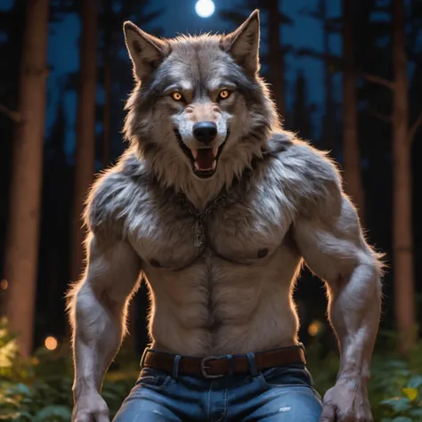 a man with a wolf face and a belt is standing in the woods